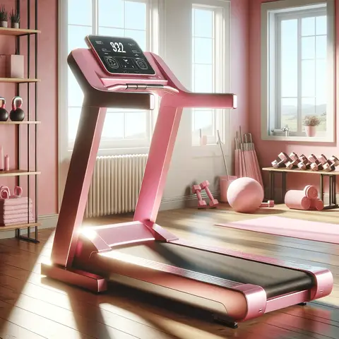 Modern pink treadmill in a well lit home gym setting The treadmill features a digital display and advanced controls min
